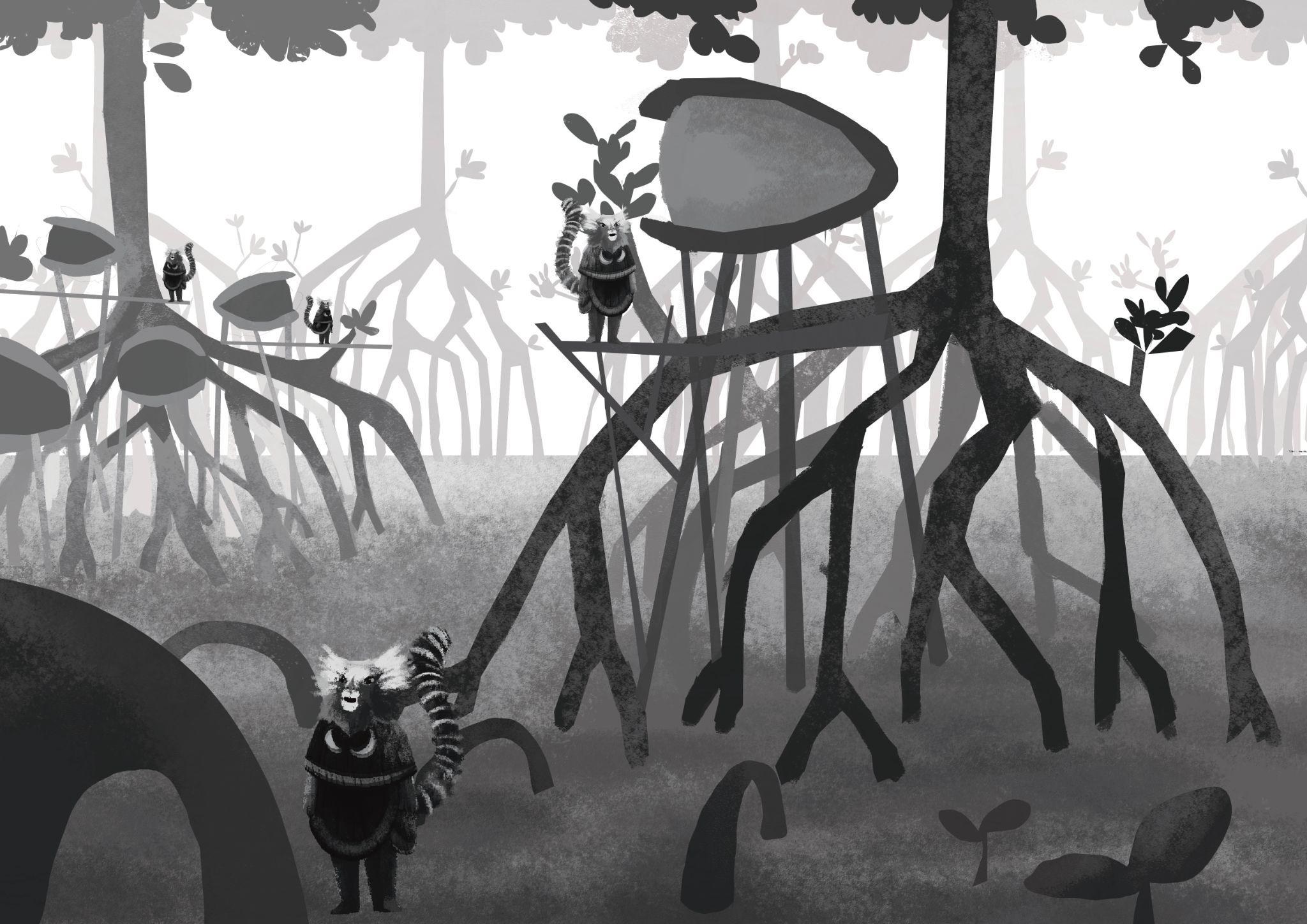 Referências visuais dos Saquis — povo do manguezal conectado espiritualmente com o rio e o mar