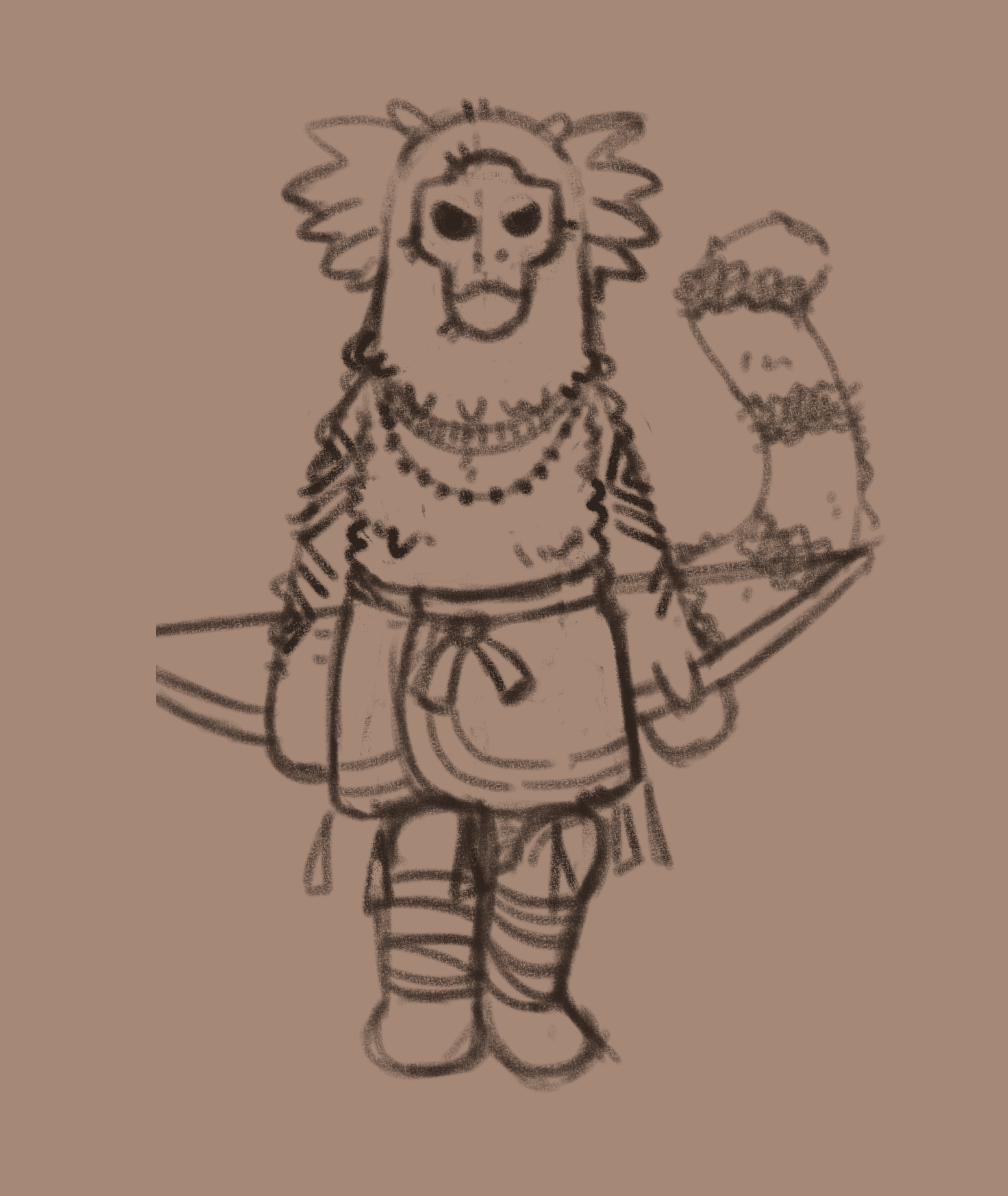 Concept art do Golem dos Saquis — criatura tabu cuja criação é proibida pela crença em Jaci